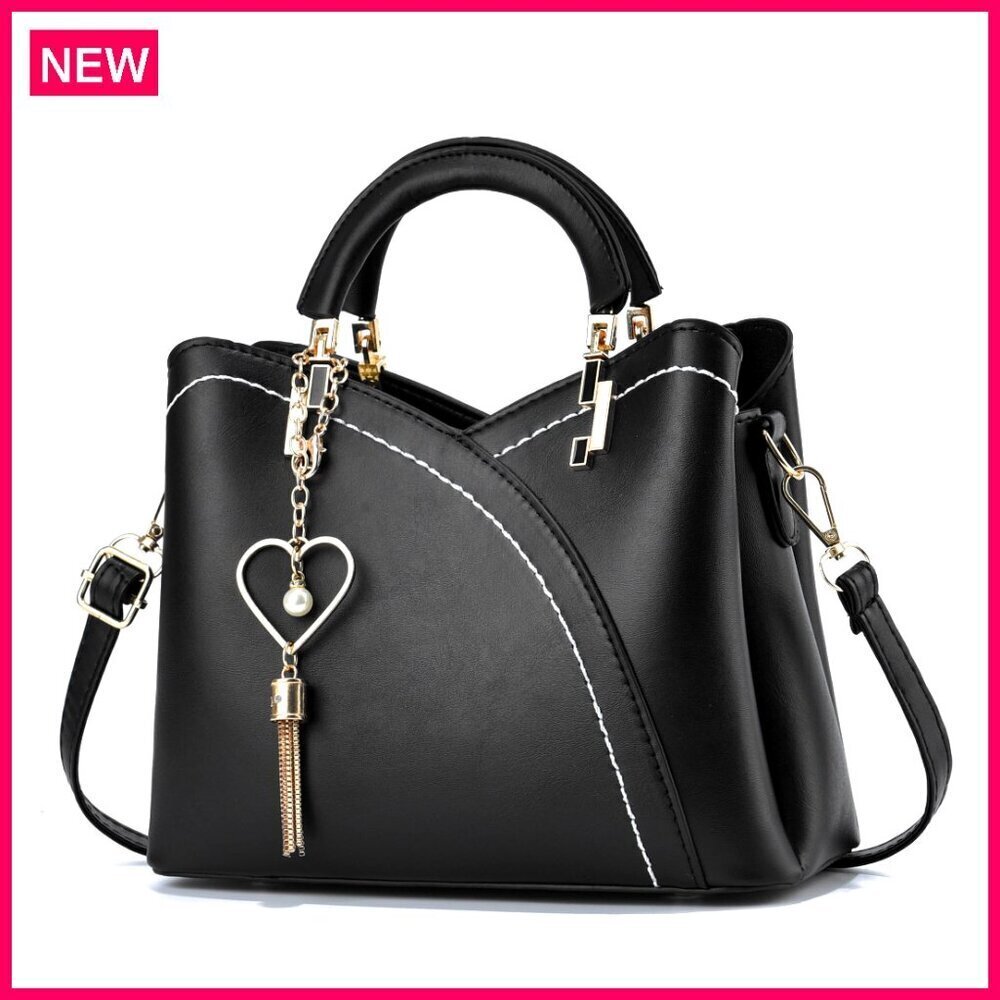Small PU Leather Crossbody Bag with Metal Pendant, 3 Pockets, Lightweight Purse